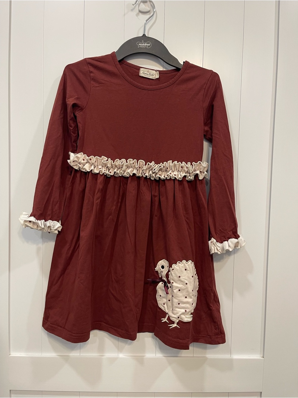 Girls' Burgundy Ruffle-Trim Turkey Appliqué Long Sleeve Dress 4XL about a 6-8